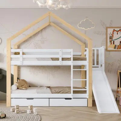 Pogradna postelja z drsnim dnom, 2 predala, masiven les, bela + naravna, 90x200 cm