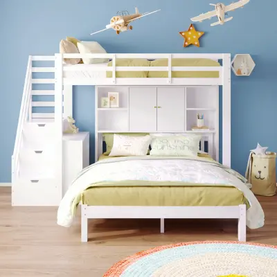 Pogradna postelja s polico za shranjevanje, 90x200+140x200cm, otroška postelja s prostorom za shranjevanje, bela