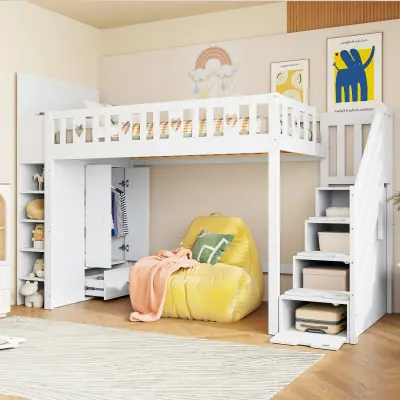 Podstrešna postelja 90x200 cm s prostorom za shranjevanje, policami in omaro, bela