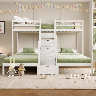 Podstrešna postelja 90x200 cm, bela, borov les, 3 postelje, s predali in ograjo, certificirana po EN 747