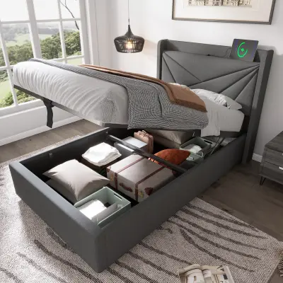 Oblazinjena enojna postelja z vzglavjem USB-C, lanena otroška postelja 90x200 (brez vzmetnice)