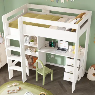 Otroška pogradna postelja z USB-C, pisalna miza, omara, otroška postelja, enojna postelja s stopnicami, prostor za shranjevanje, 90x200