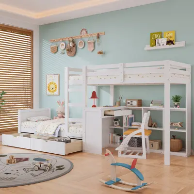 Pogradna postelja iz borovega lesa z mizo, 2 predaloma, bela, 90x200 cm