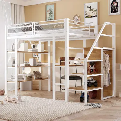 Podstrešna postelja 140x200 cm z omaro, polico in pisalno mizo, bela