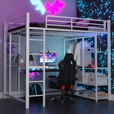 Kovinska podstrešna postelja z lestvijo 140x200 cm, zakonska postelja z mizico in polico, bela