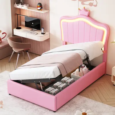 Oblazinjena otroška postelja 90x200 cm, roza, s krono, LED, prostorom za shranjevanje, nastavljivim vzglavjem.