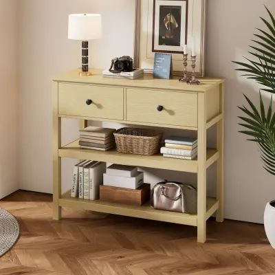 Retro lesena konzolna mizica, ozka, s predali in policami.