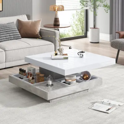 Funkcionalna dvojna klubska mizica z visokosijajnim pultom, vrtljiva za 360°, bela/marmor