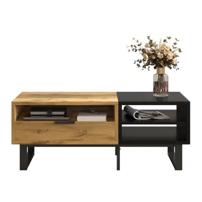 Klubska mizica z barvno blokovno strukturo, predelki, predali in kovinskimi nogami.