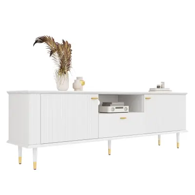 TV omarica z odprtimi predelki in predali, lakirana, z mehkim zapiranjem.