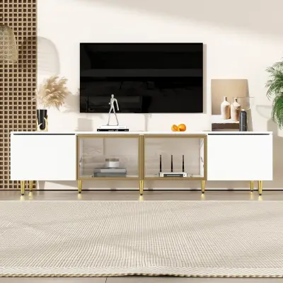 Bela TV omarica 170 cm, minimalistična, 4 vrata (2 stekleni), prostostoječa/montaža na steno