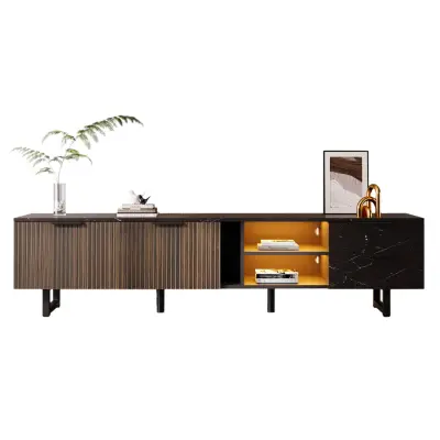 TV omarica 200 cm, videz marmorja, temen les, LED osvetlitev, 2 vrata/predala