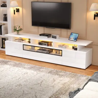 180 cm visokosijajna TV omarica z 2 vrati, 1 predalom, LED osvetlitvijo in 10 predelki