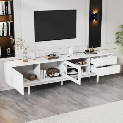 Moderna TV omarica v beli barvi z 2 vrati in 2 predaloma.