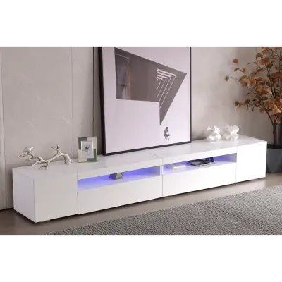 Bela moderna TV omarica, svetla plošča, spremenljiva LED osvetlitev, dnevna/jedilnica 240 cm (sijajna)