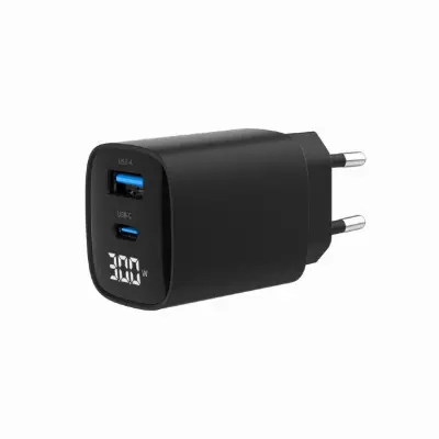 TA-UC-PDQC30LCD-BK-01 2-portni USB A/C PD/QC 3.0 30W/ 3A  hitri polnilnik USB črn LCD