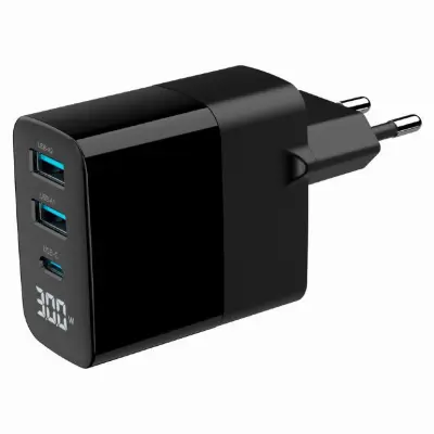TA-UC-PDQC30LCD-BK-02 3-portni USB A/C PD/QC 3.0 30W/ 3A  hitri polnilnik USB črn LCD (stanje polnjenja)