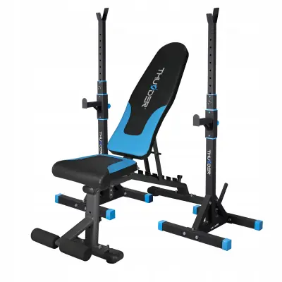 Nastavljiva poševna fitnes klop THUNDER® QUICK z ekspanderji in zaporo za noge + stojalo za dolgo palico PRESA – do 120 kg / 200 kg