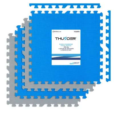 Zaščitne fitness podloge THUNDER PZ-04 – 60 × 60 cm, 4-delni set, modro-sive puzzle podloge, 2 cm
