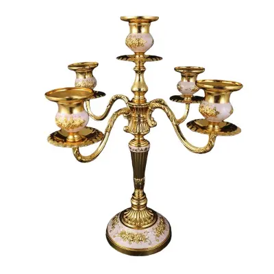 Eleganten evropski svečnik s 5 rokami - Vintage svečnik iz cinkove zlitine White+Gold