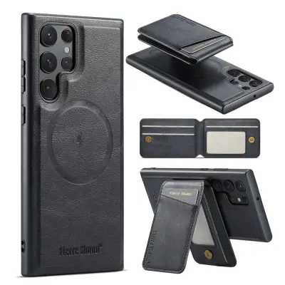 Ovitek za Samsung Galaxy S23 Ultra kovček, magnetni Magsafe pokrov telefona s PU usnjenim 2-v-1 držalom denarnice z režami za kartice - črna