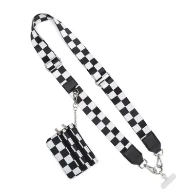 Večnamenska snemljiva najlonska vrvica za telefon s širokim naramnico in torbico za kovance White+Black