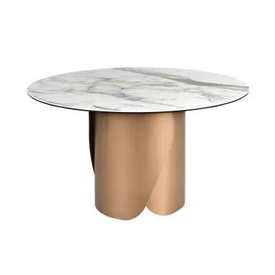 Okrogla jedilna miza iz porcelanskega marmorja in jekla v bronasti barvi