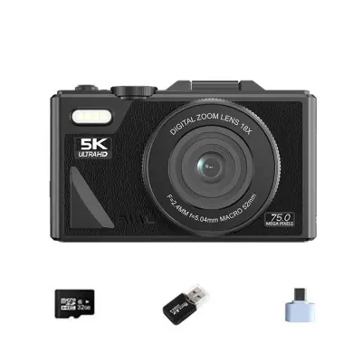 5K Ultra HD Digitalni Fotoaparat - Črn, 75MP, 18x Zoom, WiFi, s 32GB Kartico