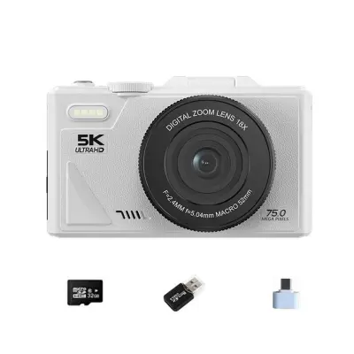 Bela digitalna kamera 5K s 32 GB kartico, adapterjem Type-C in USB bralnikom