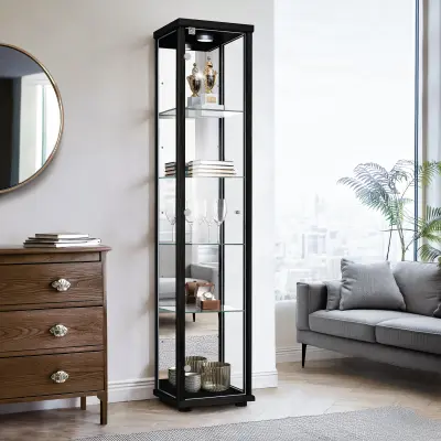 K-Möbel vitrína (176x37x33cm) - Made in Germany - vitrinasta omara črna s 4 nastavljivimi steklenimi policami, ogledalo, ključavnica & LED