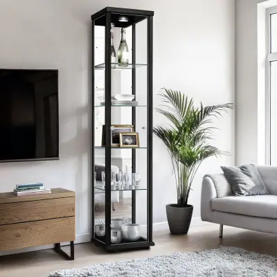 K-Möbel stoječa vitrína (176x37x33cm) - Made in Germany - vitrinasta omara črna s 4 nastavljivimi steklenimi policami, ogledalo & LED