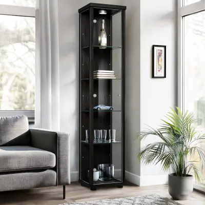 K-Möbel steklena vitrína stoječa (176x37x33cm) - Made in Germany - vitrinasta omara črna s 4 nastavljivimi steklenimi policami & LED