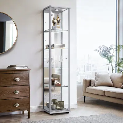 K-Möbel vitrína (176x37x33cm) - Made in Germany - vitrinasta omara srebrna s 4 nastavljivimi steklenimi policami, ogledalo, ključavnica & LED