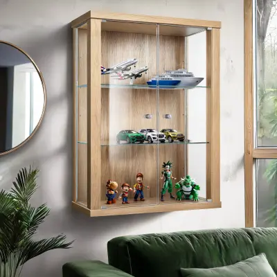 K-Möbel viseča vitrína steklena (80x60x25cm) - Made in Germany - steklena vitrína viseča z 2 nastavljivima steklenima policama iz ESG v bukev