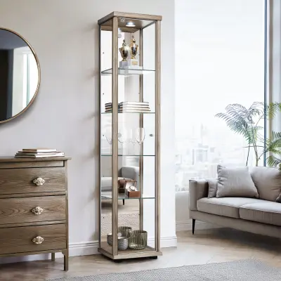 K-Möbel vitrína (176x37x33cm) - Made in Germany - vitrinasta omara sonoma hrast s 4 nastavljivimi steklenimi policami, ogledalo, ključavnica & LED