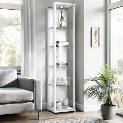 K-Möbel steklena vitrína stoječa (176x37x33cm) - Made in Germany - vitrinasta omara bela s 4 nastavljivimi steklenimi policami & LED