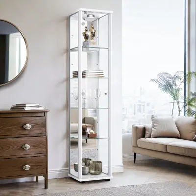 K-Möbel zbirateljska vitrína 176x37x33cm - Made in Germany - vitrinasta omara bela s 4 nastavljivimi steklenimi policami, ogledalo, ključavnica & L