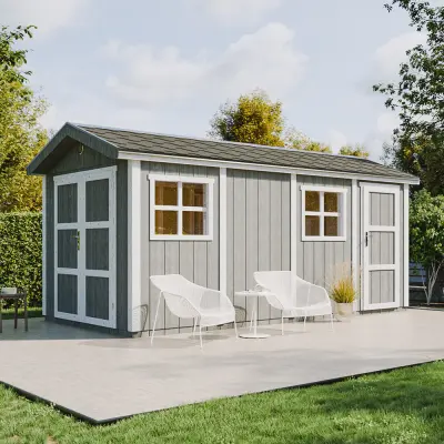 Vrtna hišica vrhunske kakovosti 8,52 + 2,95 m² - V252x250x530 cm - s tlemi in bitumenskimi ploščicami - TIMBELA M915C