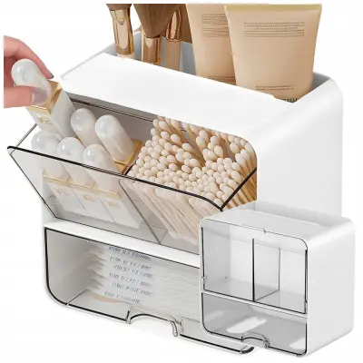 Stenski organizator s predalom za shranjevanje kozmetike za kopalnico bel