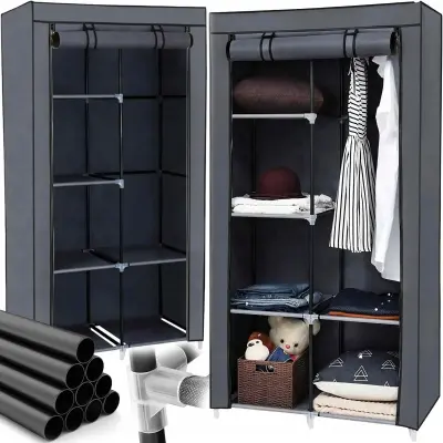 Prenosna omara s policami za oblačila 160cm s pokrivalom siva