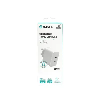 eSTUFF INFINITE polnilnik 2x USB-C 35W blister, bel, reciklirana plastika