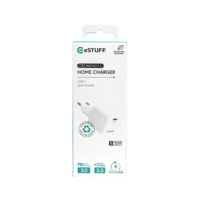 eSTUFF INFINITE polnilnik USB-C 30W GaN blister, bel, reciklirana plastika