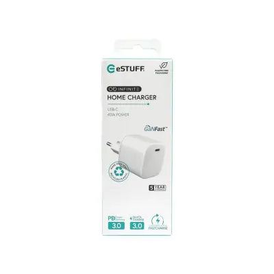 eSTUFF INFINITE polnilnik USB-C 45W GaN blister, bel, reciklirana plastika, odpr