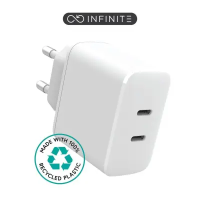 eSTUFF INFINITE polnilnik 2x USB-C 35W bel, reciklirana plastika