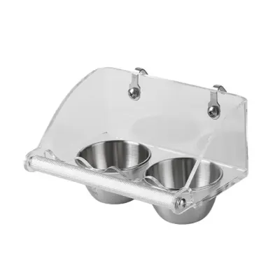 Akrilna dvojna posoda za hranjenje ptic z nerjavečimi posodami in kavelj