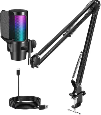 USB mikrofon - RGB barvni računalniški videoigre, prenosni prenos podatkov, snemanje karaoke konferenc, profesionalni kondenzatorski mikrofon - črn