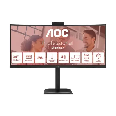 Monitor AOC 86,4 cm (34,0") CU34E4CW 3440x1440 Curved konferenca 120Hz VA 4ms HDMI 2xHDMI DisplayPort 2xUSB-C 90W 4xUSB3.2 HAS Kamera Zvočniki 2x5W