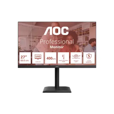 Monitor AOC 68,6 cm (27,0") U27E4CV 3840x2160 IPS 4ms 2xHDMI DisplayPort USB-C 90W 4xUSB3.2 Pivot Zvočniki 3H sRGB125% AdaptiveSync