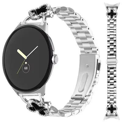 Zamenjava/združljiv del – Jeklen pašček za uro s štiriperesno deteljico, združljiv z Google Pixel – eleganten dizajn s tremi perlicami