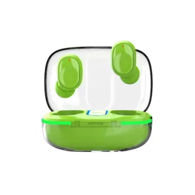 Brezžične Bluetooth slušalke s prozornim ohišjem in LED prikazovalnikom Green
